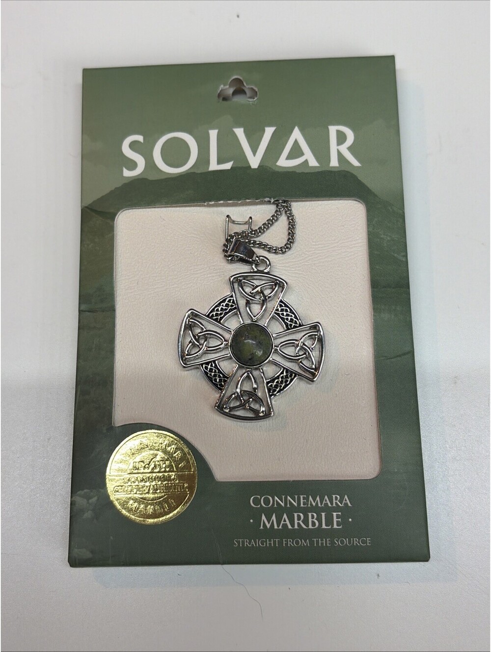 Solvar Rhodium Plated Green Connemara Marble Irish Harp Pendant Necklace New